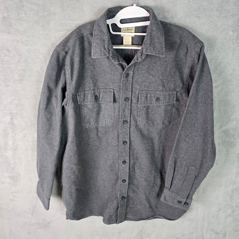 LL Bean Mens Traditional Fit Flannel Shirt Gray Cotton Long Sleeve L Tall 187924